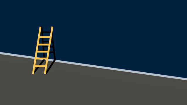 Minimalist conceptual image of a yellow ladder leaning against a dark blue wall, creating a strong shadow and representing ambition, opportunity, progress, challenge, and aspiration.