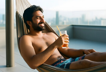 Fototapeta premium Relaxation and leisure lifestyle, happy man enjoying a drink in a hammock on a sunny rooftop with city views