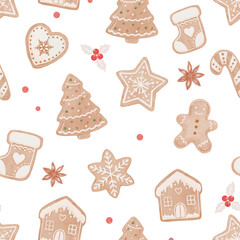 Cute Watercolor Gingerbread Cookies Seamless Pattern for Christmas and Winter