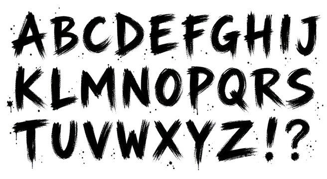Black horror halloween alphabet font set with scary scratch brush typeface letters and exclamation mark illustration isolated PNG with Transparent Background