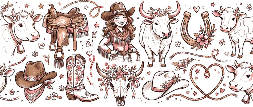 Western Cowgirl and Farm Elements Vector Set with Hand Drawn Country Style Boots Saddle Flowers Horseshoe Skull and Cute Cows (20 words)