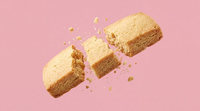 Broken buttery shortbread cookie floating with flying crumbs on pink background.