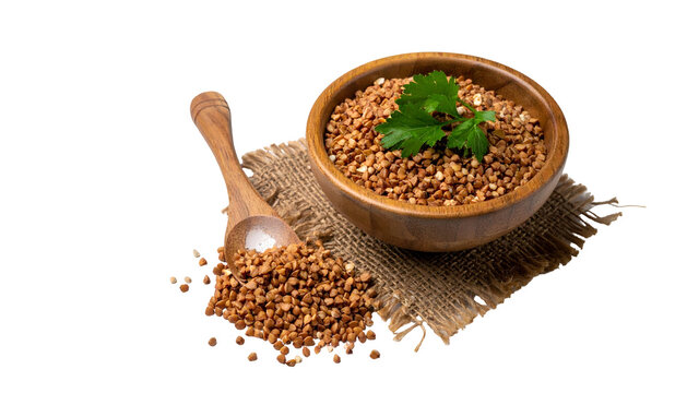 Wooden bowl filled with grains, accompanied by a wooden spoon and a sprig of green garnish atop a burlap cloth