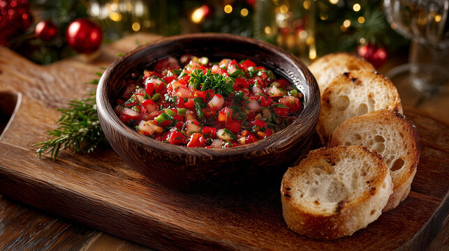 Fresh Chilean pebre served with rustic bread on wooden serving board, festive celebration atmosphere, ultra realistic, no humans