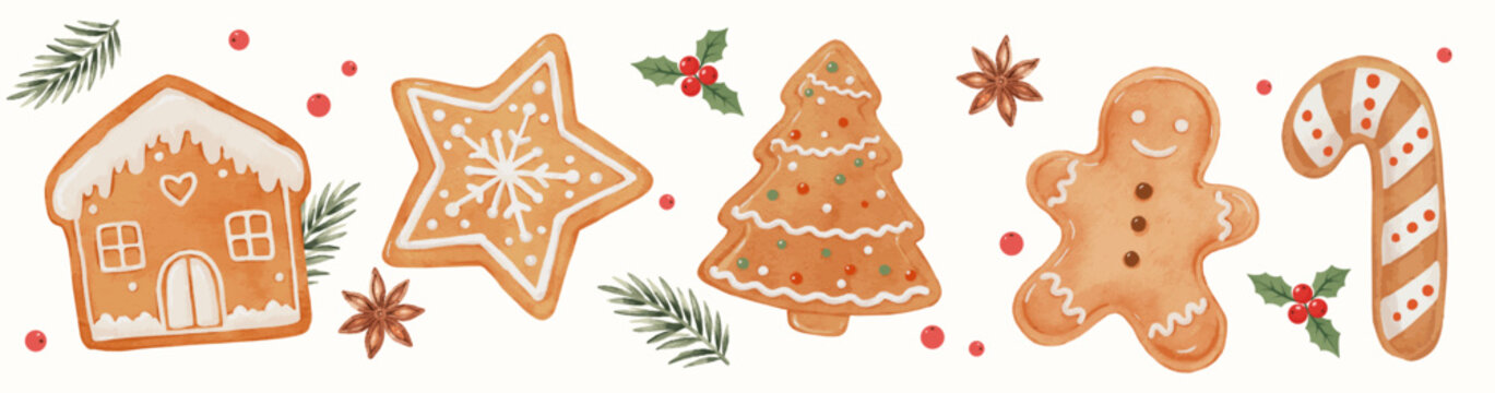 Watercolor Christmas Gingerbread Cookie Set with Man, House, Tree, Star and Candy Cane