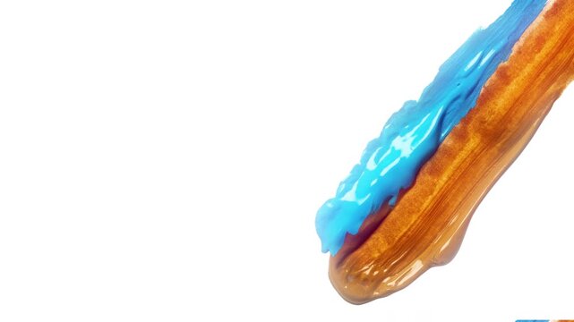 Macro view of blue toothpaste on a toothbrush and a pink drop of gel on white background.