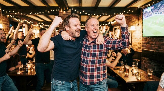 Two men celebrate football victory in pub with cheering crowd and string lights