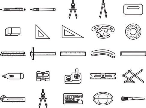 A collection of drafting and drawing tools, including compasses, rulers, erasers, and lettering guides, presented in a clean, graphic style.