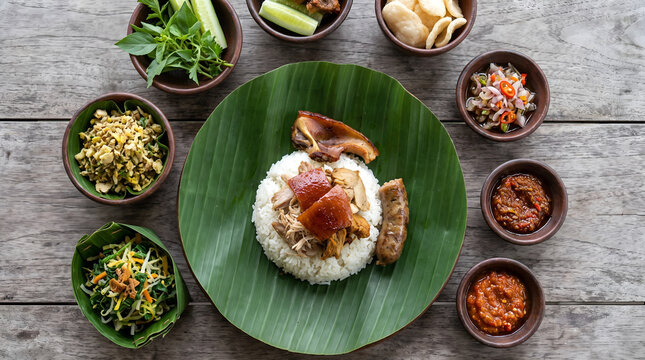 Overhead view of a traditional Balinese babi guling meal surrounded by rice, vegetables, sambal, herbs, and regional side dishes
