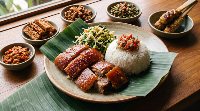 A traditional Balinese meal featuring crispy babi guling served with steamed rice, vegetables, sambal, and aromatic local accompaniments