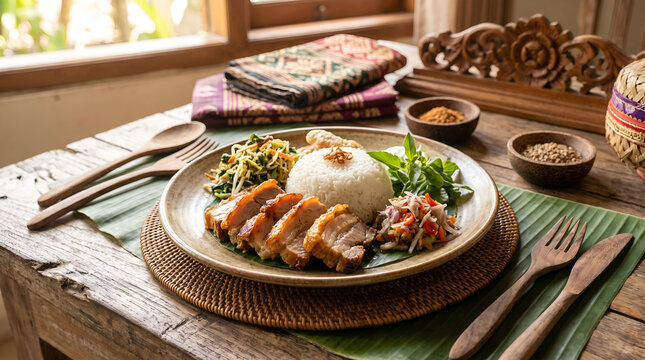 Authentic babi guling served as a traditional Balinese specialty with local accompaniments in a rustic restaurant setting