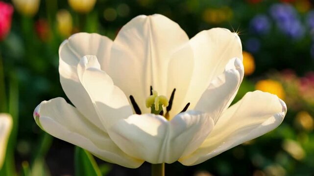 Close-up of blooming white tulip flowers. A time-lapse video showing the petals of a white tulip blooming. Macro. Nature. Creative time-lapse.
