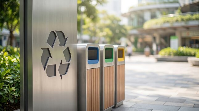 Modern city recycling bins and symbol