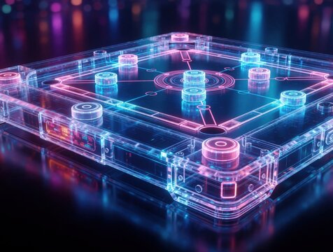Futuristic transparent carrom board with glowing neon lines and holographic pieces. Digital game interface with circuit patterns. High tech entertainment.