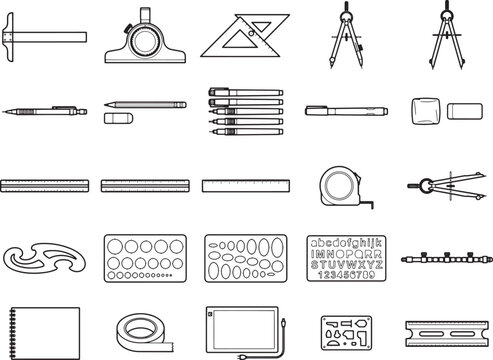 An assortment of drafting and technical drawing tools, including compasses, rulers, protractors, pencils, and templates, arranged in a grid pattern.