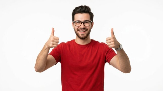 Happy young man in a red t-shirt showing two thumbs up with a big smile isolated on a clean plain white background