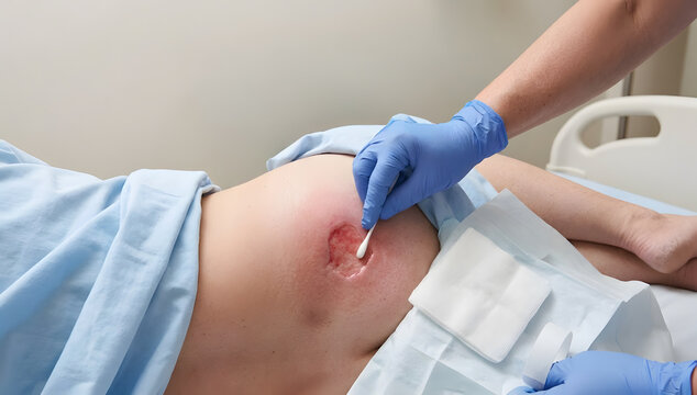 Healthcare Professional Cleaning Severe Bedsore Wound On Patient In Hospital