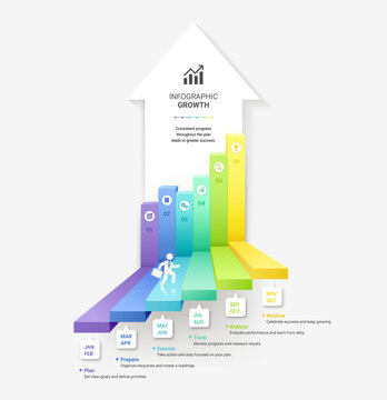 Infographic Staircase Step Business Growth timeline with 6 Step Arrow Process and Concepts for Success Diagram Background
