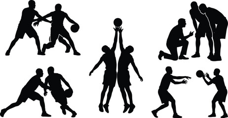 Obraz premium Collection of black vector silhouettes of basketball players and a coach during gameplay.