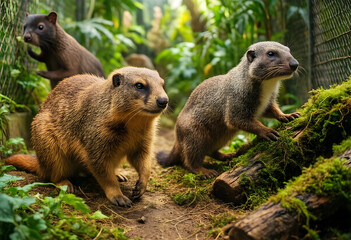 Naklejka premium Wildlife conservation and biodiversity, group of curious marmots in a natural habitat with lush green foliage