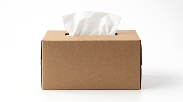 A brown cardboard tissue box dispenser with a white facial tissue pulled out isolated on a clean white studio background
