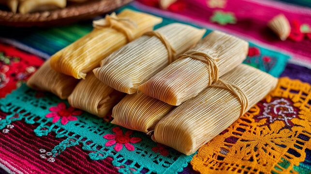 Fresh handmade tamales wrapped in corn husks on festive Mexican table with colorful papel picado decorations, luxury food styling, natural light, no humans