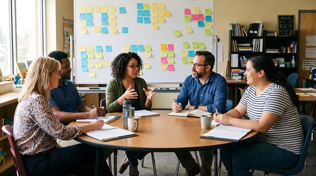 Diverse group of colleagues collaborating around a round table in a modern classroom meeting room with colleagues collaboration classroom