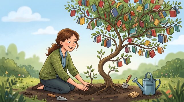 Illustration of a woman planting a sapling next to a magical tree bearing colorful books outdoors with planting illustration gardening