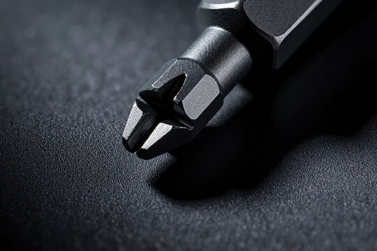 Macro shot of black Phillips screwdriver bit on dark textured surface. Metal tool head for precision electronic repairs, hardware maintenance. Close up of small screwdriver tip used in DIY craft