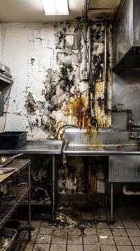 Cuisine abandonn&eacute;e avec murs moisissures et &eacute;viers sales
