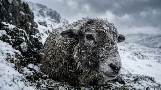 Mouton tremp&eacute; allong&eacute; dans la neige au milieu des rochers