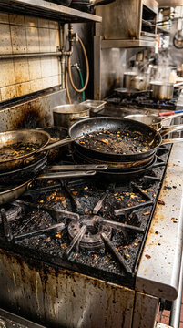 Cuisini&egrave;re professionnelle tr&egrave;s sale avec po&ecirc;les grasses dans une cuisine abandonn&eacute;e
