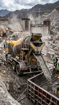 Camion toupie &agrave; b&eacute;ton travaillant sur un grand chantier en montagne