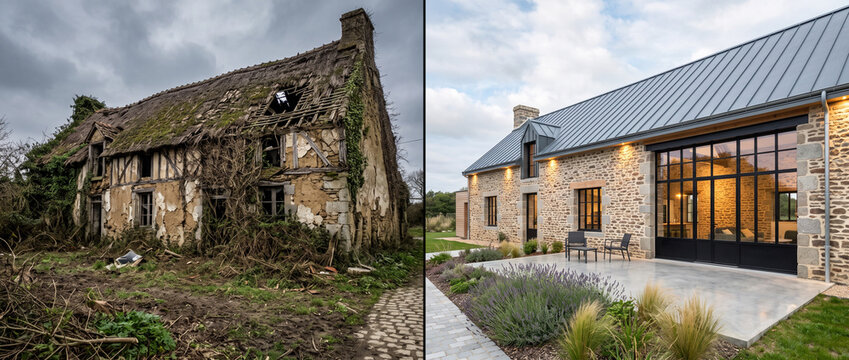 R&eacute;novation de maison en pierre : avant et apr&egrave;s transformation moderne