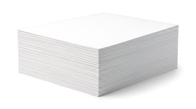 A large stack of pristine white blank sheets of paper representing a clean surface for office work printing or creative professional documentation projects isolated on white background