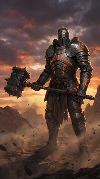 Fantasy knight in plate armor holding a massive hammer at sunset.