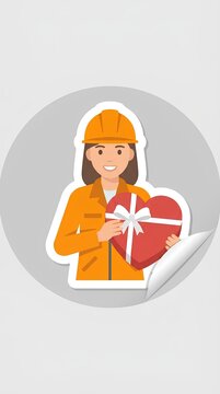 Female construction worker character sticker holding a red heart.