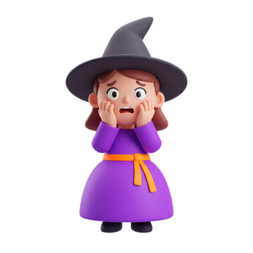 3D Render of a Scared Young Witch Character Wearing a Pointy Hat and Purple Dress Isolated on a Plain White Background
