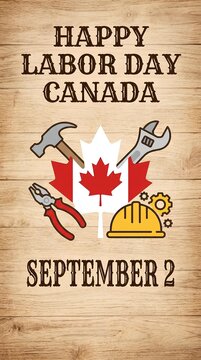 Happy Labor Day Canada wood background with maple leaf and tools.