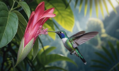 Fototapeta premium A vibrant hummingbird hovers near a crimson flower, surrounded by lush tropical foliage