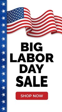 Labor Day sale vertical banner with American flag and stars border.