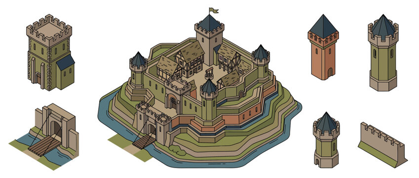 Medieval Castle Elements Isometric Illustration