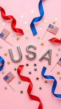 Patriotic USA layout with flags, ribbons, and silver letters.