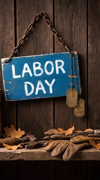 Rustic Labor Day wood background with blue sign, work gloves, and tools.