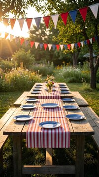 Outdoor picnic table set for festive celebration with bunting flags in garden.