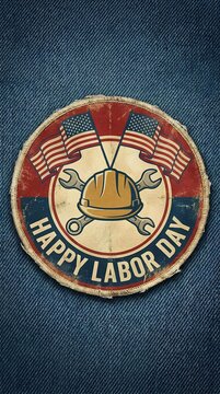 Vintage Labor Day emblem on denim fabric.