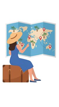 Woman traveler sitting on luggage planning trip with world map.
