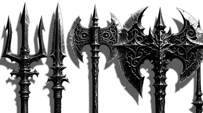 Collection of dark fantasy weapons, including a trident, spear, and ornate battle axes. These sharp, metal implements exude power and are perfect for gaming or mythical art projects.