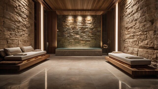 Modern luxury wellness spa relaxation room interior with stone walls