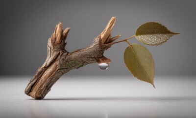 Fototapeta premium A weathered twig with leaves and a dewdrop, presented against a neutral backdrop
